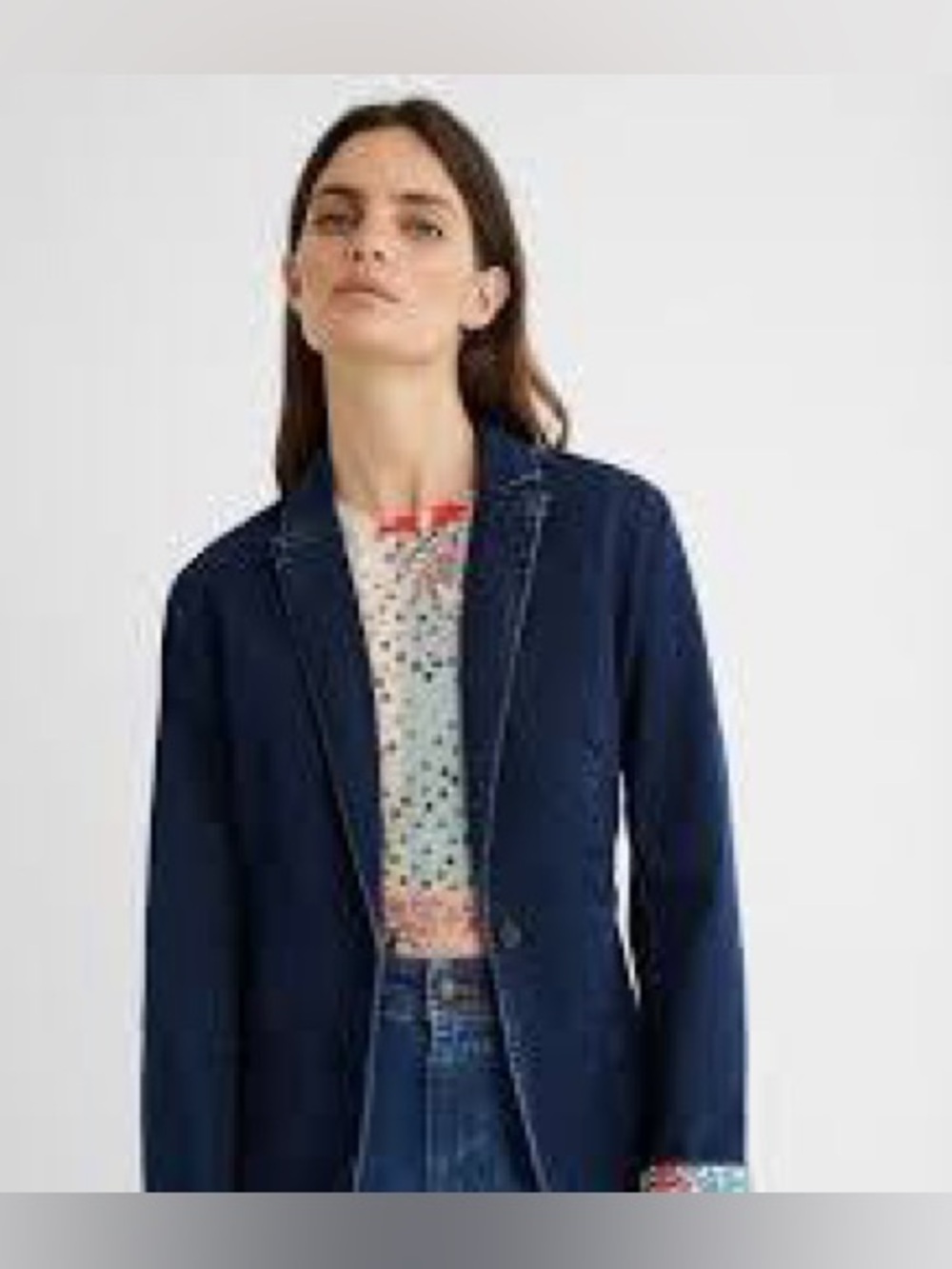 Desigual Denim Blazer Size 40 Blue Floral Print Lined Jacket